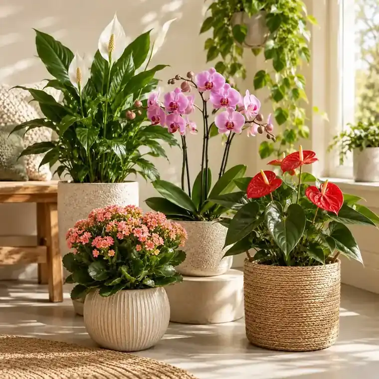 Bloeiende kamerplanten met orchidee, lepelplant, anthurium en kalanchoë in potten.