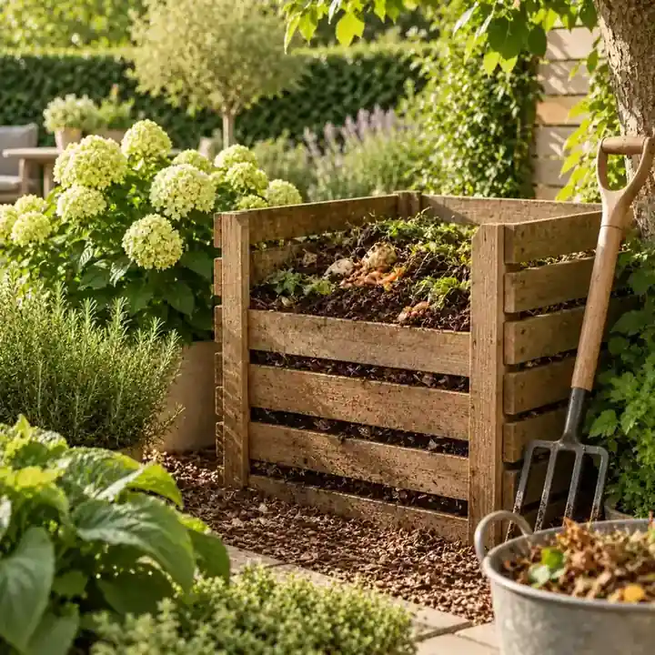 Composthoop in een houten compostbak in de tuin.