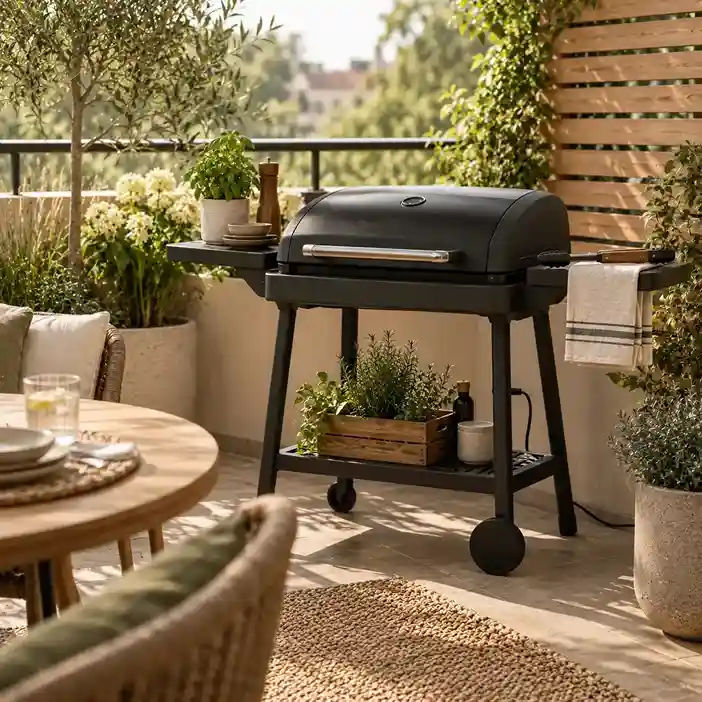 Elektrische barbecue op een sfeervol terras met planten en tuinmeubelen.