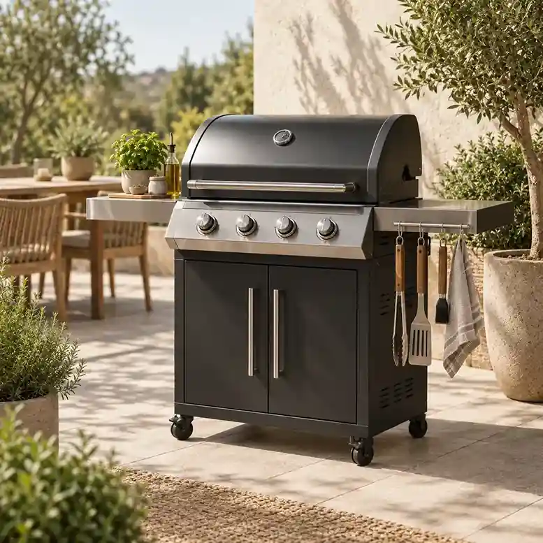Alt-tekst: **Gasbarbecue met vier branders op een zonnig terras met planten.**