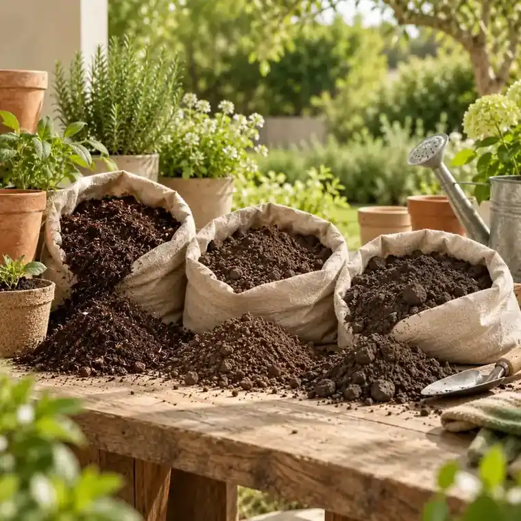 Zakken met verschillende grondsoorten op een werktafel in de tuin.