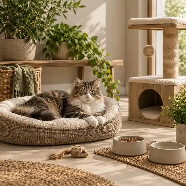 Kat op een kattenmand naast een krabpaal, voerbakken en kattenspeelgoed.