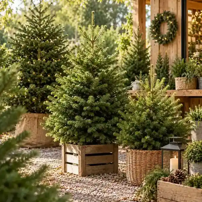 Verschillende kerstbomen in houten bakken en manden bij een sfeervolle tuinsetting.