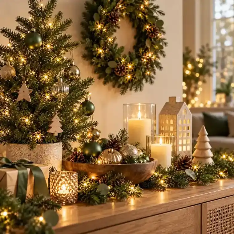 Kerstboom met kerstverlichting en groene kerstversiering in een sfeervol interieur.