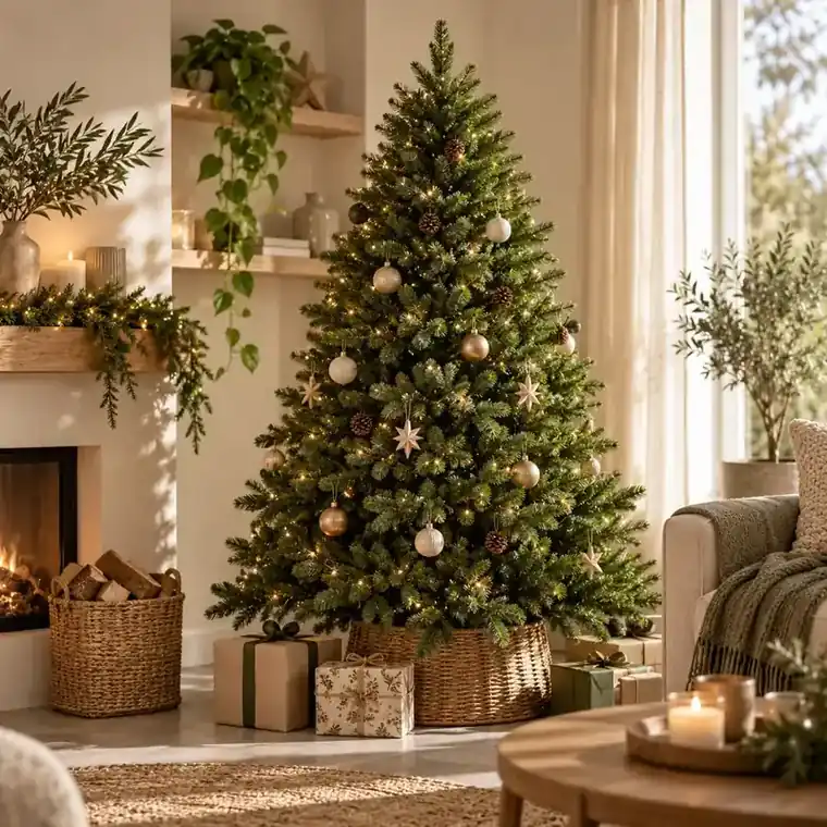 Kunstkerstboom met kerstballen, verlichting en cadeaus in een sfeervolle woonkamer.