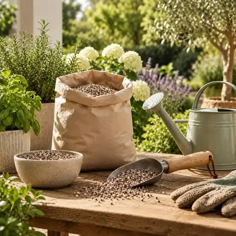 Zak en schep met korrelvormige meststof op een tuintafel.