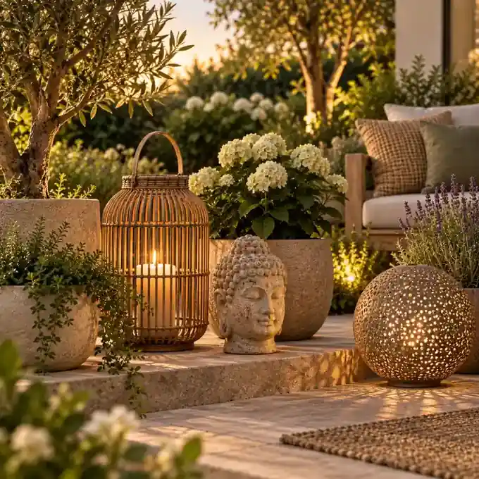 Tuinornamenten en verlichting, zoals een rieten lantaarn en bolvormige lamp, tussen potplanten op het terras.