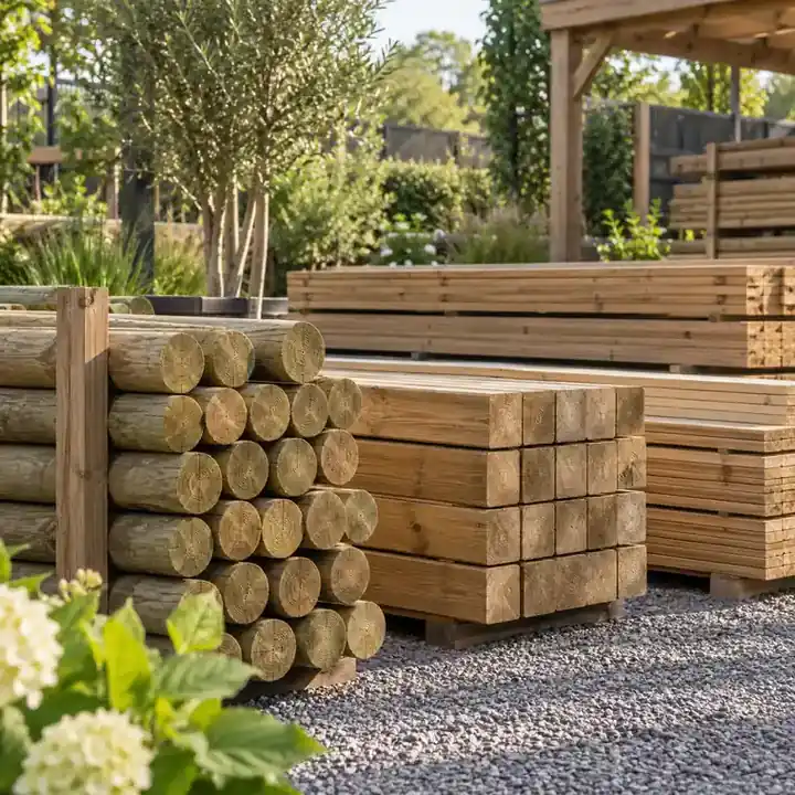 Houten palen en planken voor tuinafscheiding en tuinprojecten in een tuinomgeving.