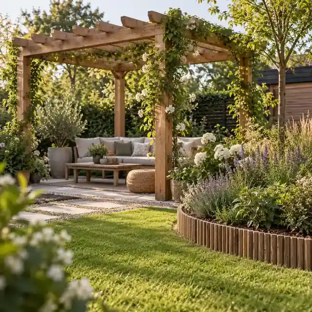 Houten pergola met klimplanten en rolborder rond een bloeiende tuinborder.