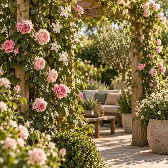 Houten pergola begroeid met roze klimrozen en witte clematis, met een loungeset op het terras eronder.