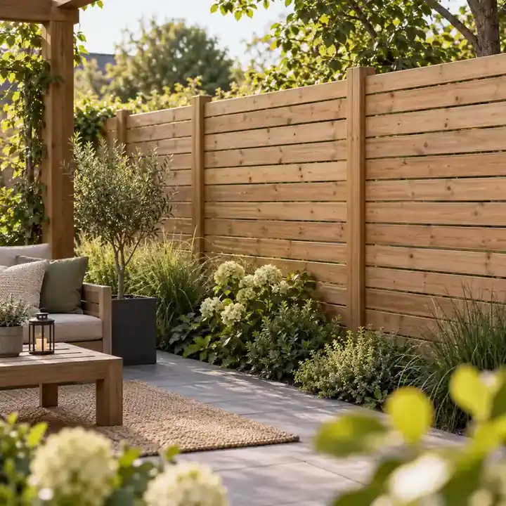 Houten tuinschermen als erfafscheiding naast een groen aangelegde tuin.