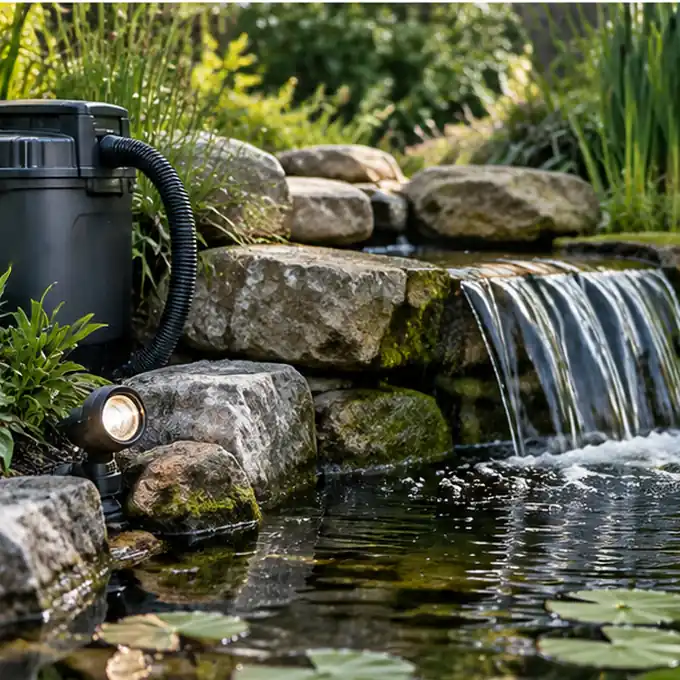 Vijver met natuurstenen waterval en vijverfilter voor aanleg en onderhoud.