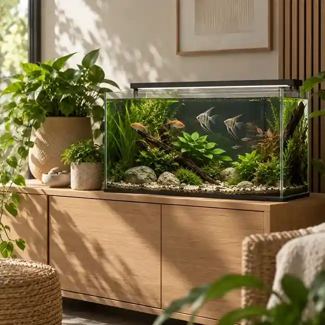 Aquarium met tropische vissen en waterplanten in een sfeervol interieur.