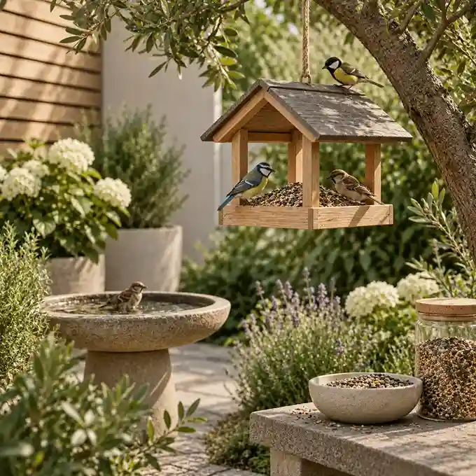 Vogels bij een houten voederhuisje en vogelbad in een groene tuin.